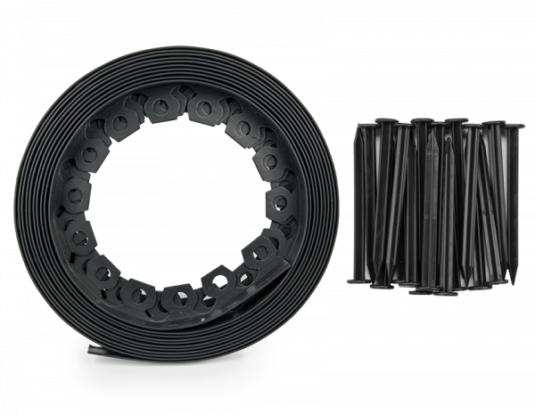 Black lawn border edging roll with matching ground pegs