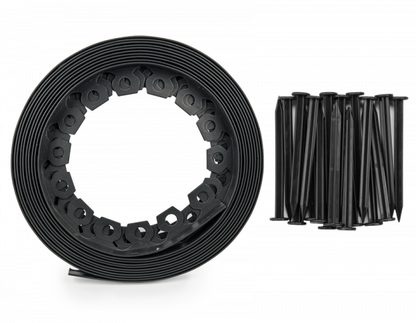 Black lawn border edging roll with matching ground pegs