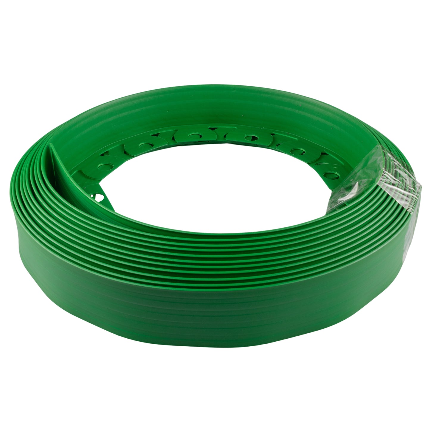 Green lawn border edging ring, 60mm x 10m, with pegs inside clear wrap