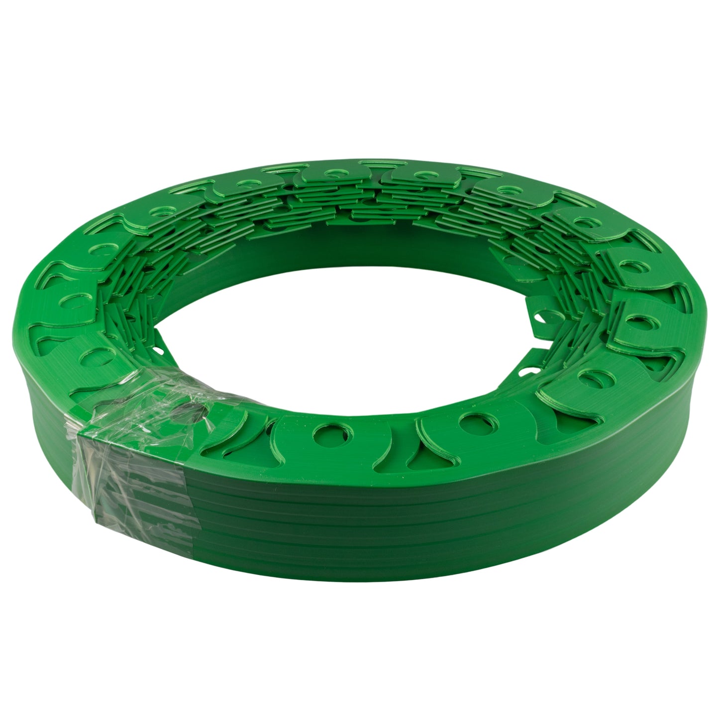 Green 60mm lawn edging roll, top view, with peg holes and clear wrapping