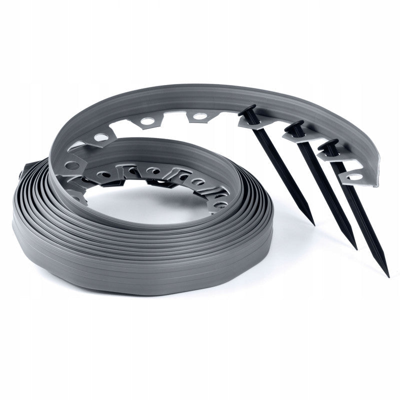 Gray lawn border set roll with stakes and plastic connector strips
