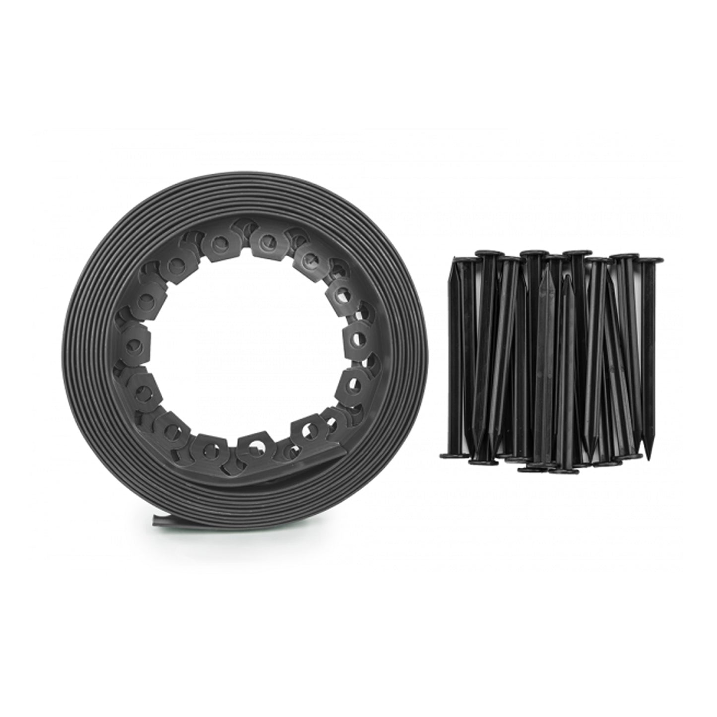 Gray lawn border roll and a bundle of black stakes for garden edging