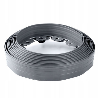 Gray lawn border edging roll with curved corner joining pieces and holes