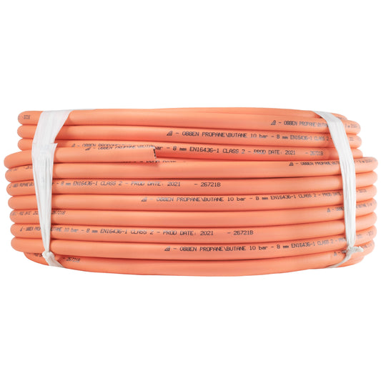 8mm rubber gas pipe in orange coil, white straps, printed markings