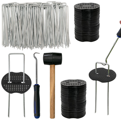 Unkrautvlies-Befestigungsnägel-Set: Scheibennägel, schwarze Nägelrolle und roter Gummihammer