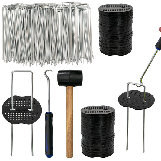 Unkrautvlies-Befestigungsnägel-Set: Scheibennägel, schwarze Nägelrolle und roter Gummihammer