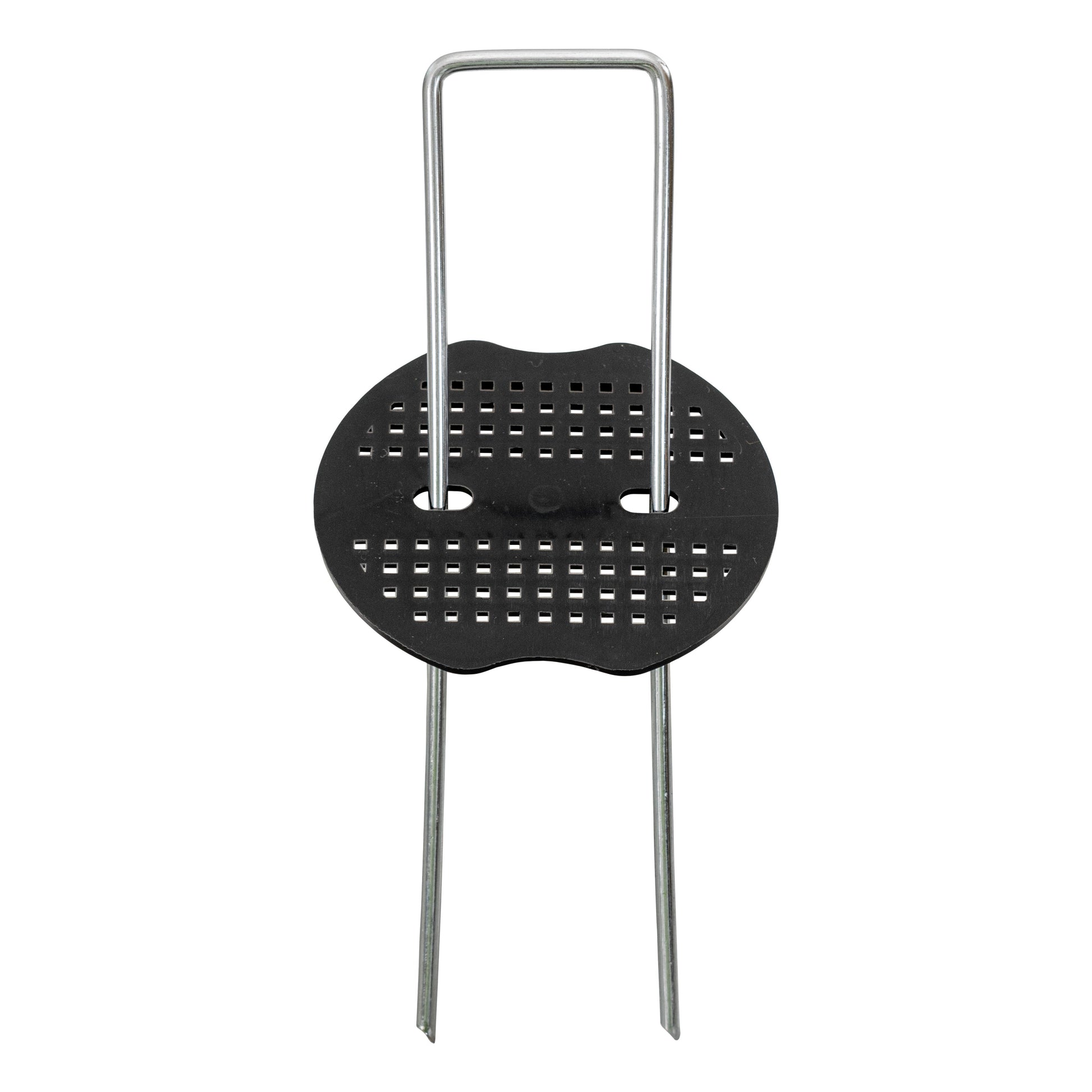 Weed control membrane peg washer with U-shaped metal pins and perforated black base