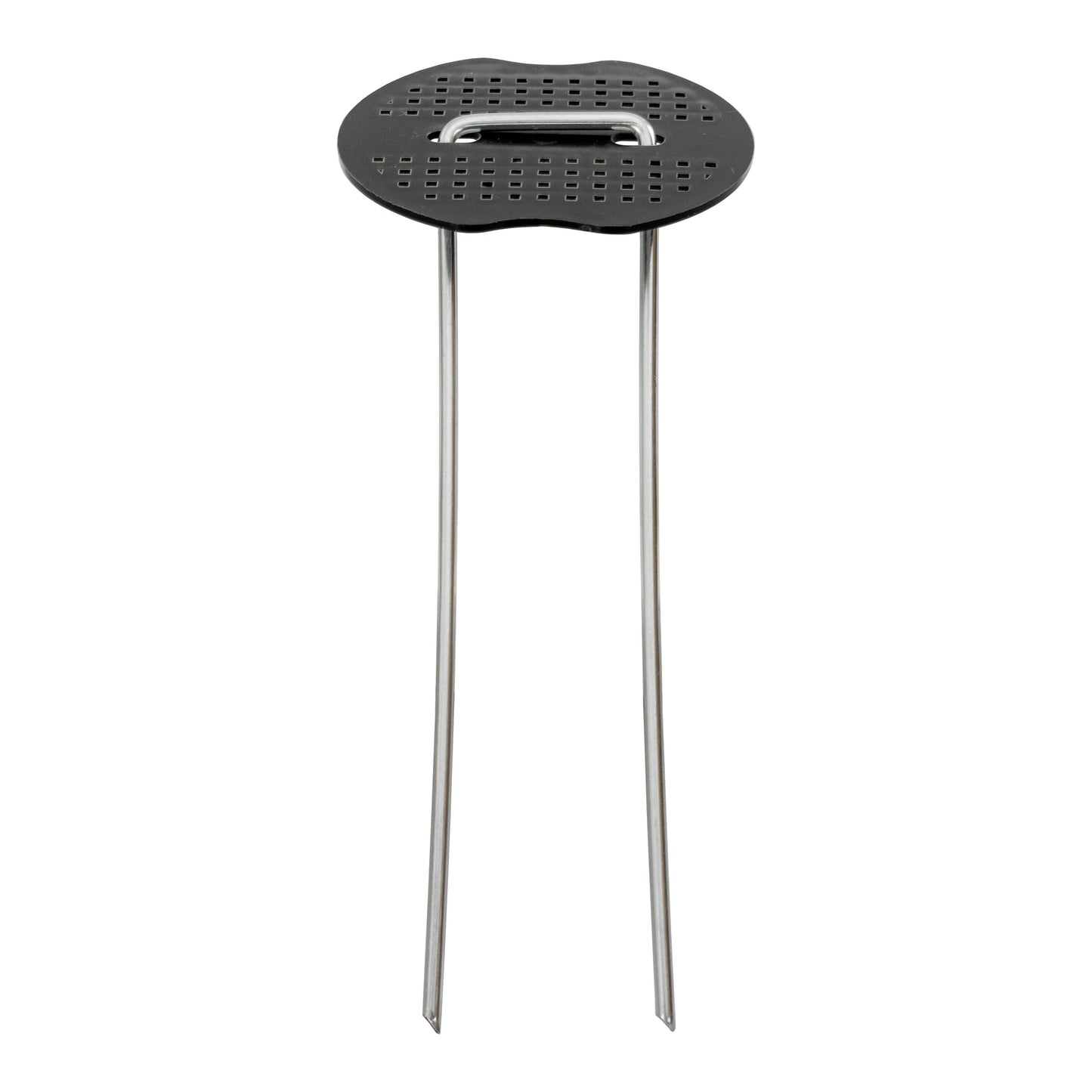 Single black weed-control peg with perforated washer and two stakes