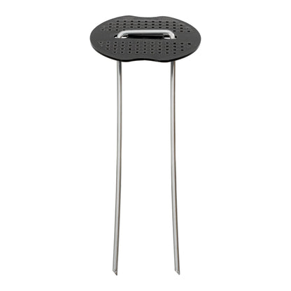 Single black weed-control peg with perforated washer and two stakes