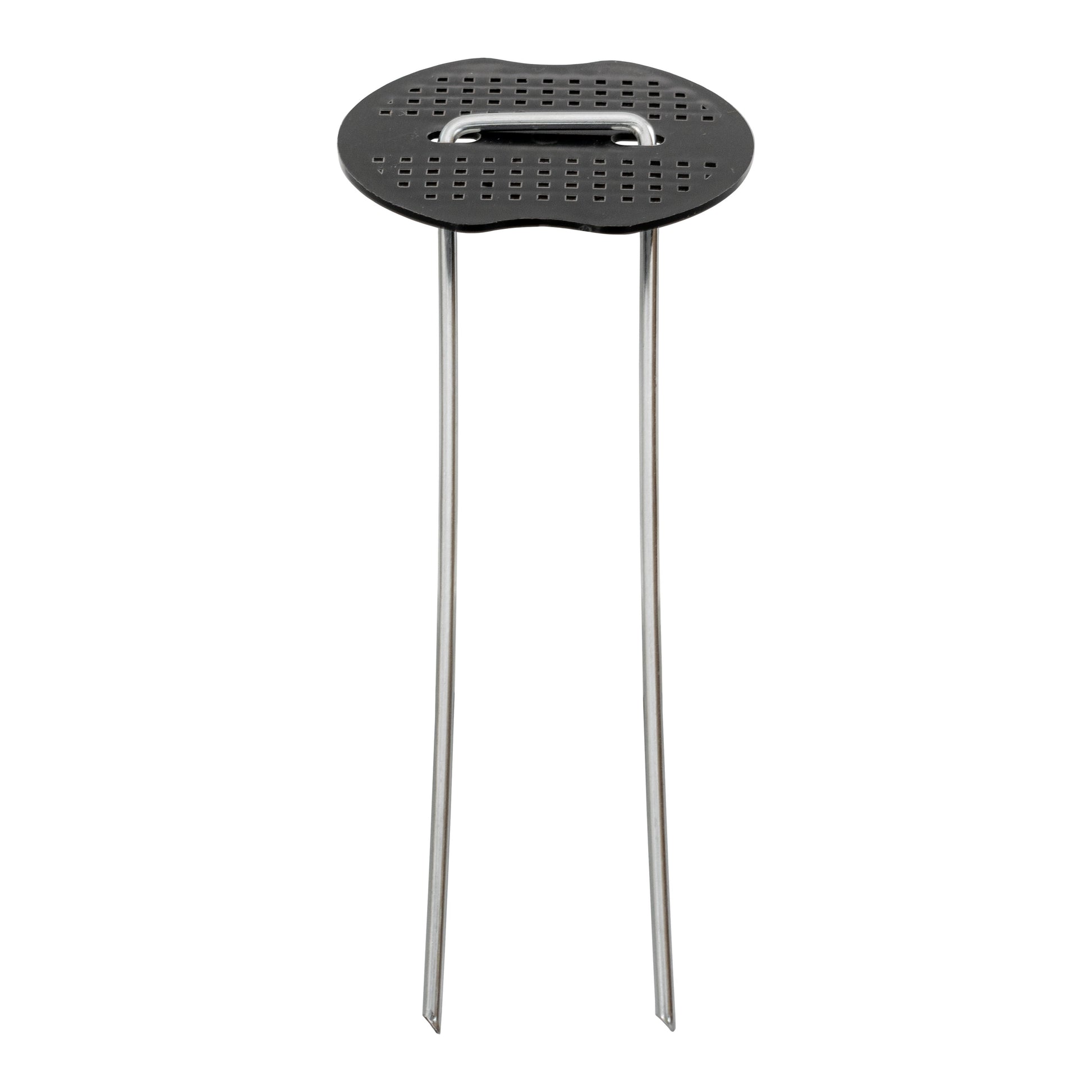 Weed control membrane peg washer—black perforated disc with two straight metal legs