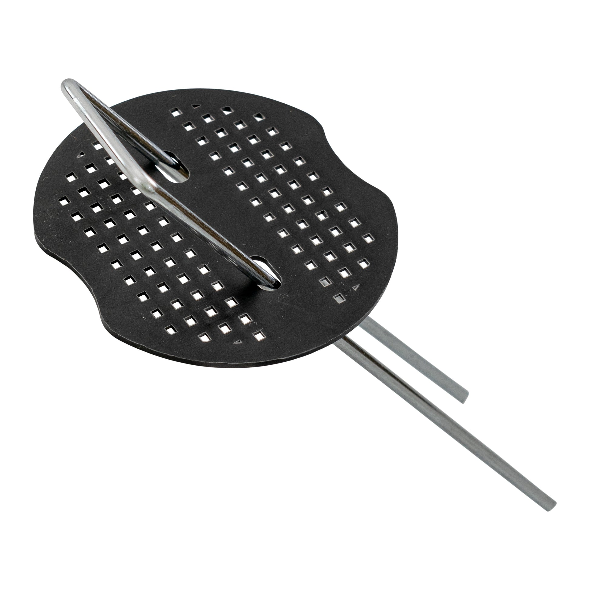 Two black perforated peg washers attached to metal stakes