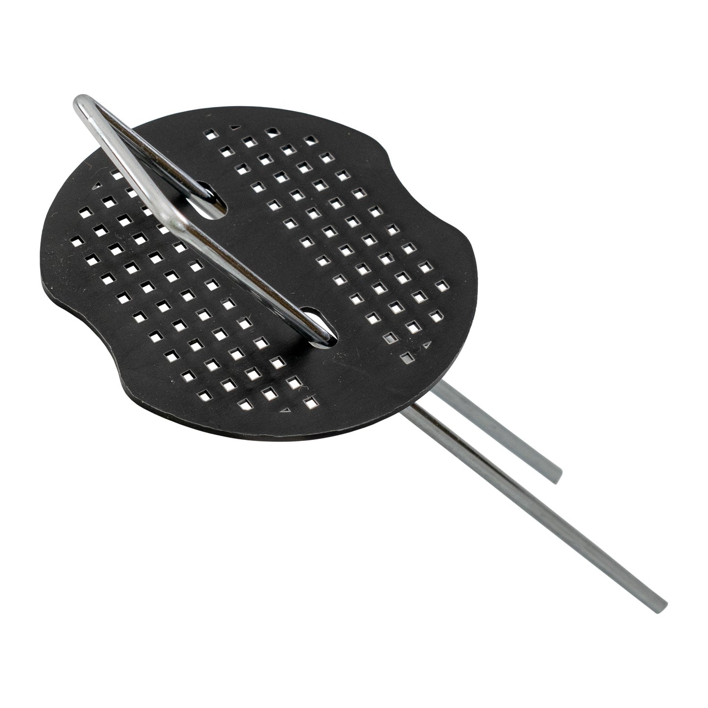 Weed control membrane peg washer—black perforated round base with two metal pins