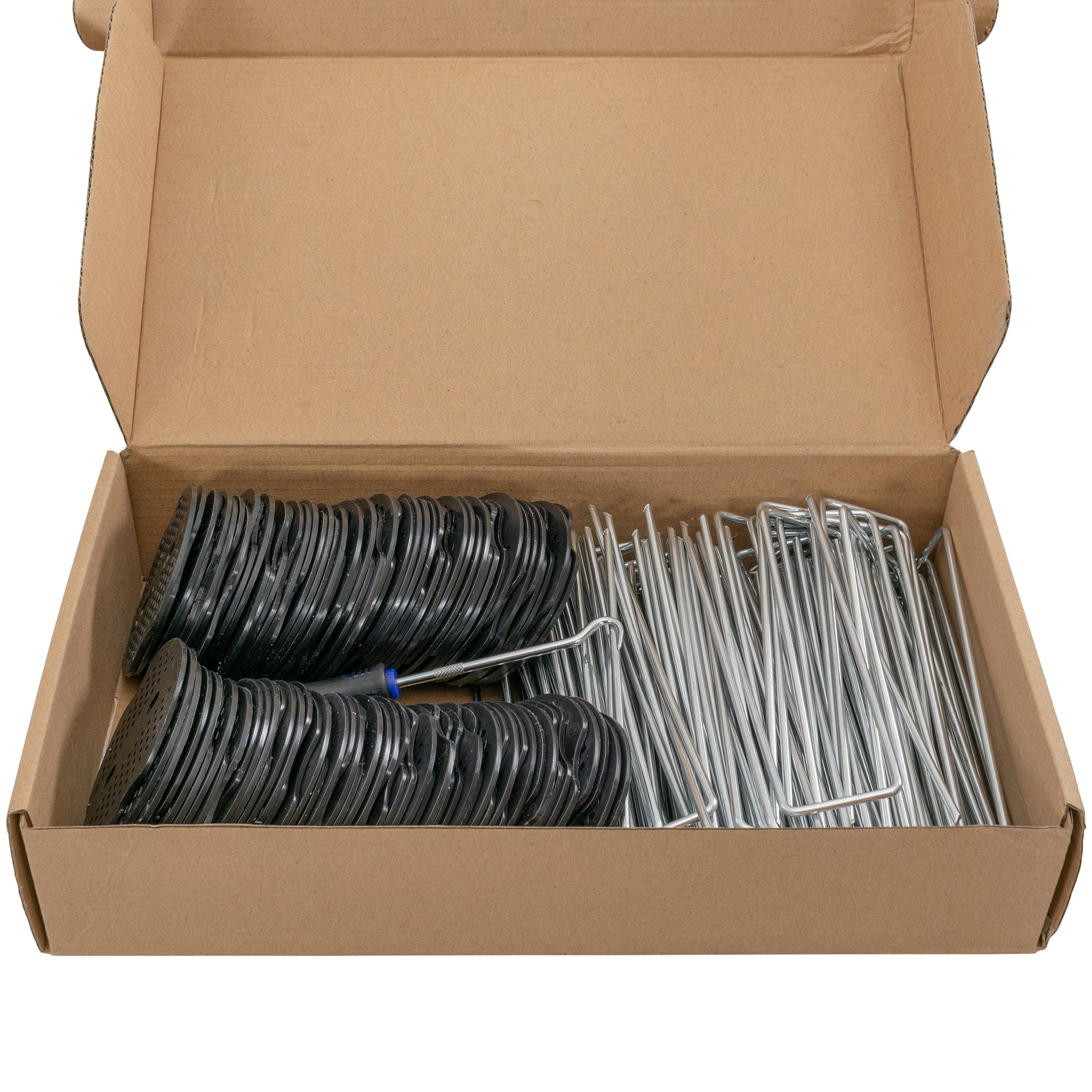 Weed control membrane peg kit box label: pack of 100, blue color variant stated