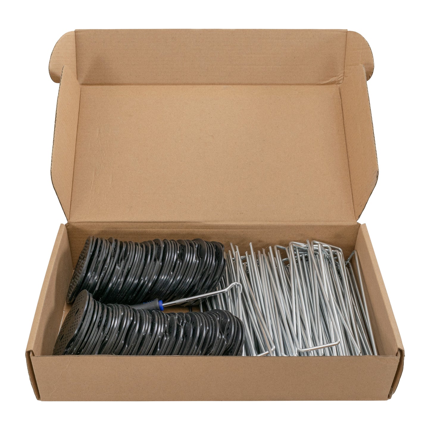 Weed control membrane peg kit in open box: black washer bases and silver stakes