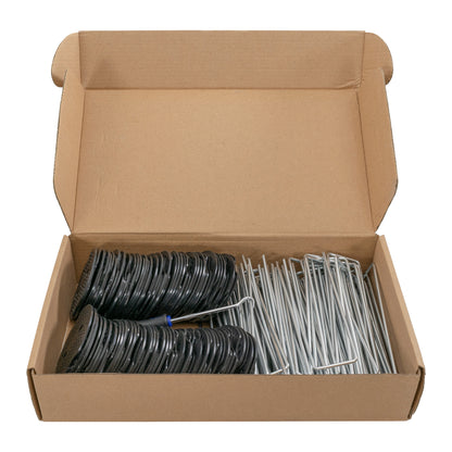 Weed control membrane peg kit in open box: black washer bases and silver stakes