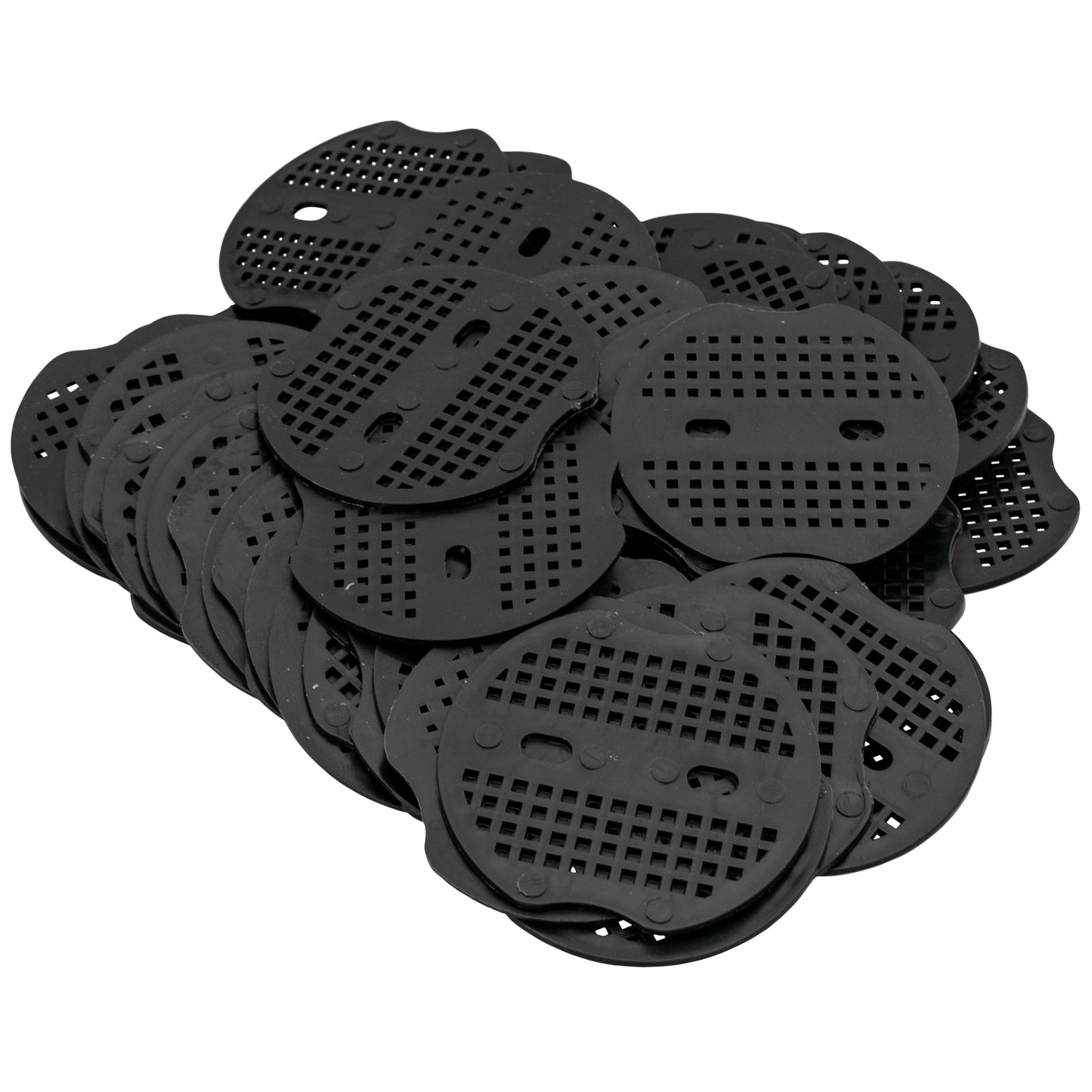 Weed control membrane peg washers—black round perforated discs stacked together