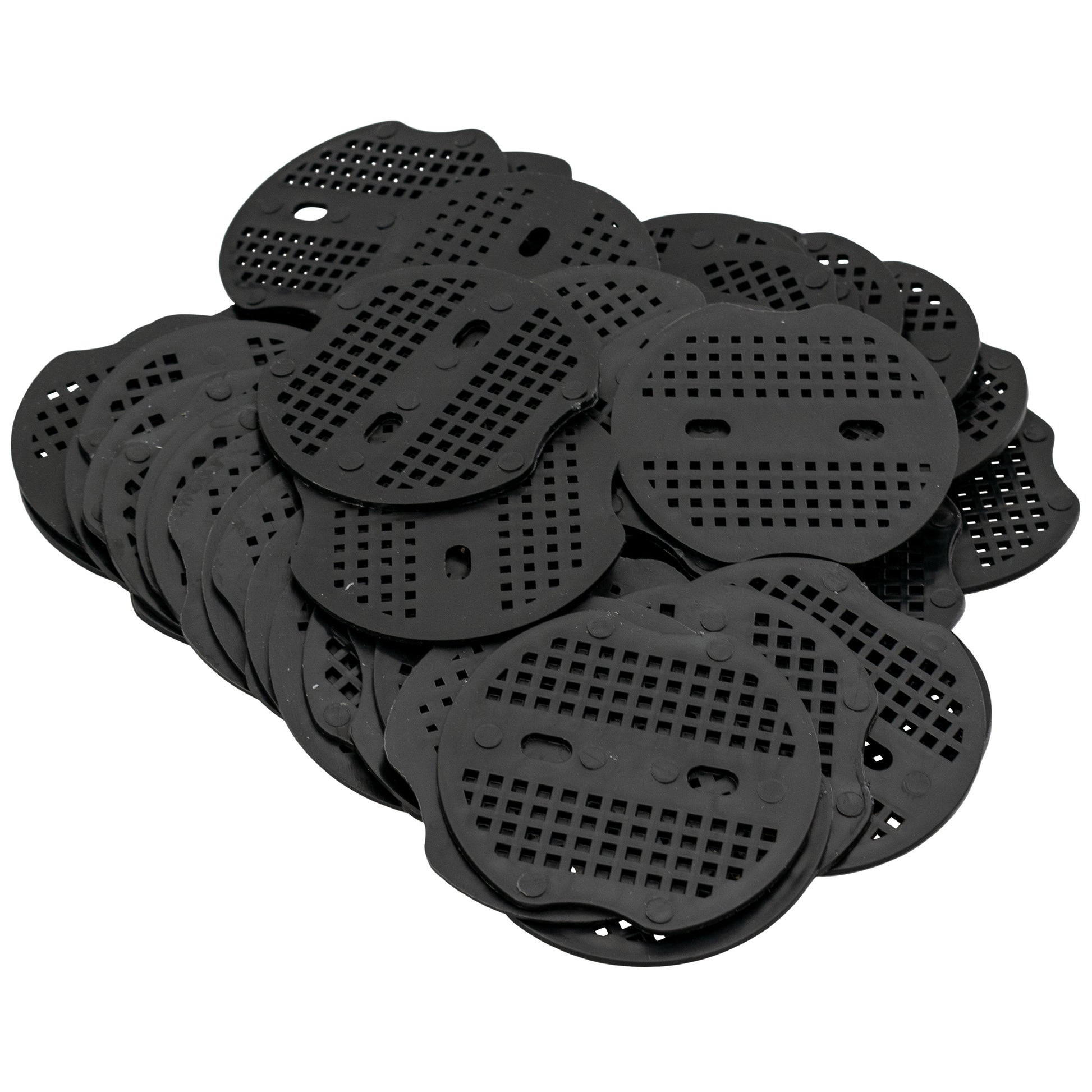 Black plastic weed-control membrane peg washers, perforated heads