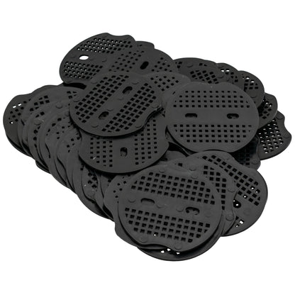 Black plastic weed-control membrane peg washers, perforated heads