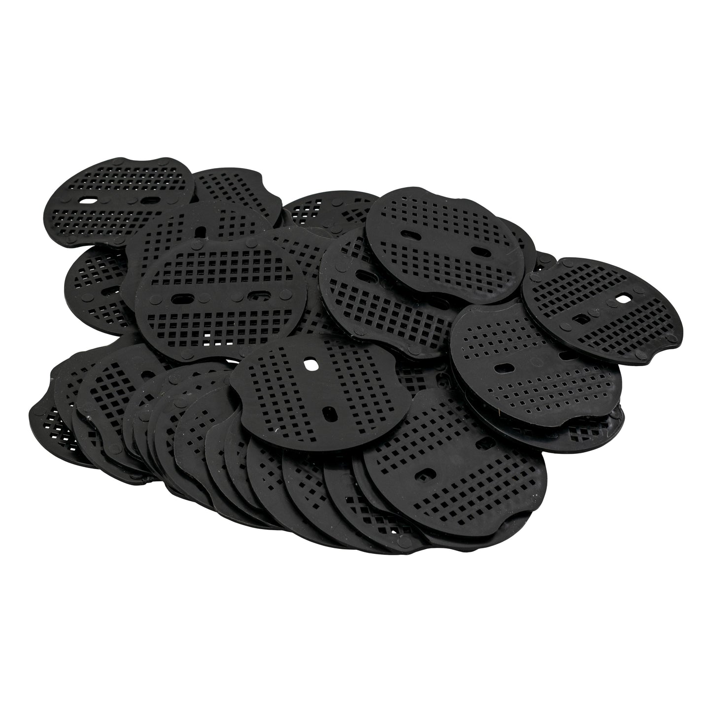 Weed control membrane peg washers—several black perforated base discs, overlapping