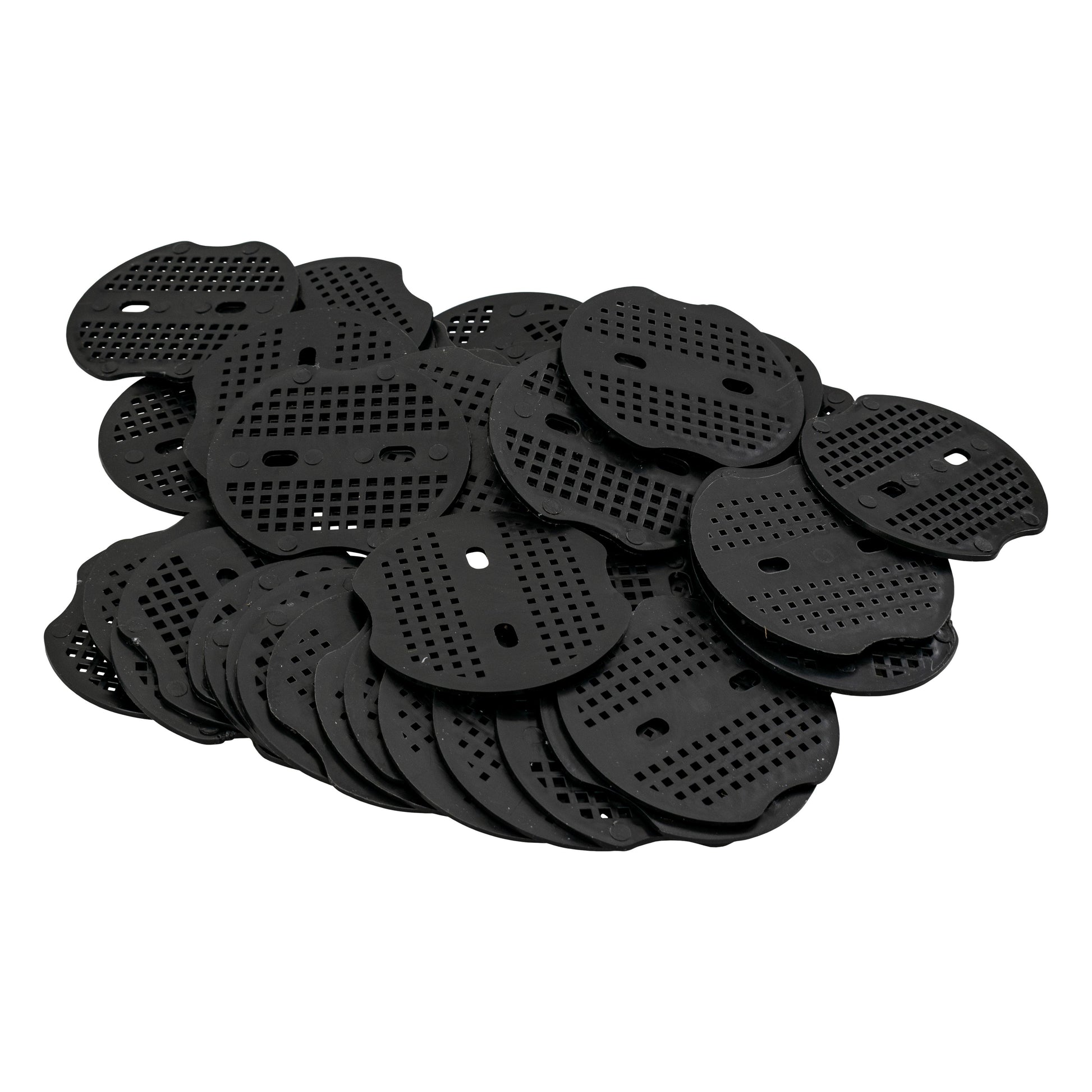 Assorted black perforated peg washers for weed control membrane fastening