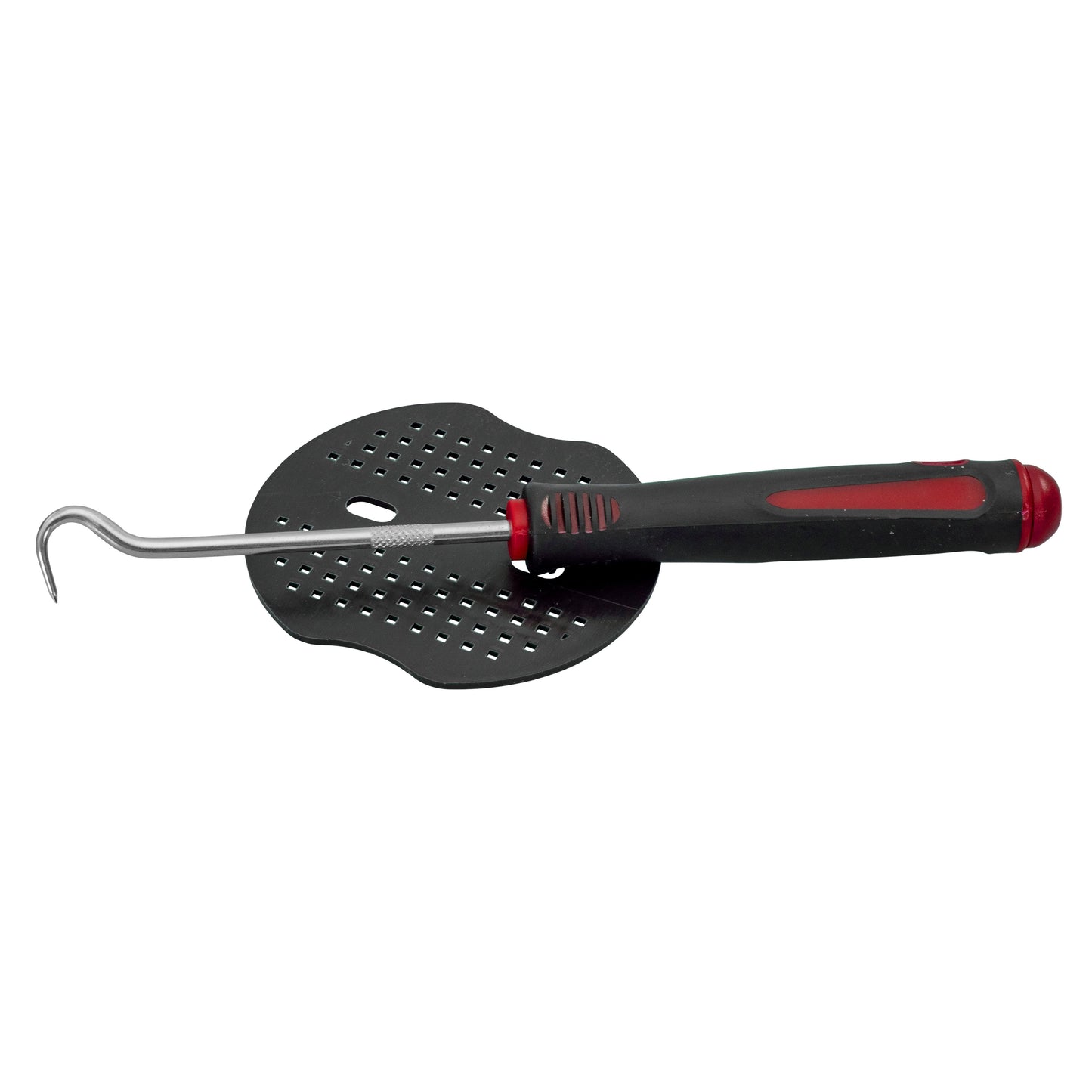 Black circular peg plate with rubber mallet and metal curved prongs