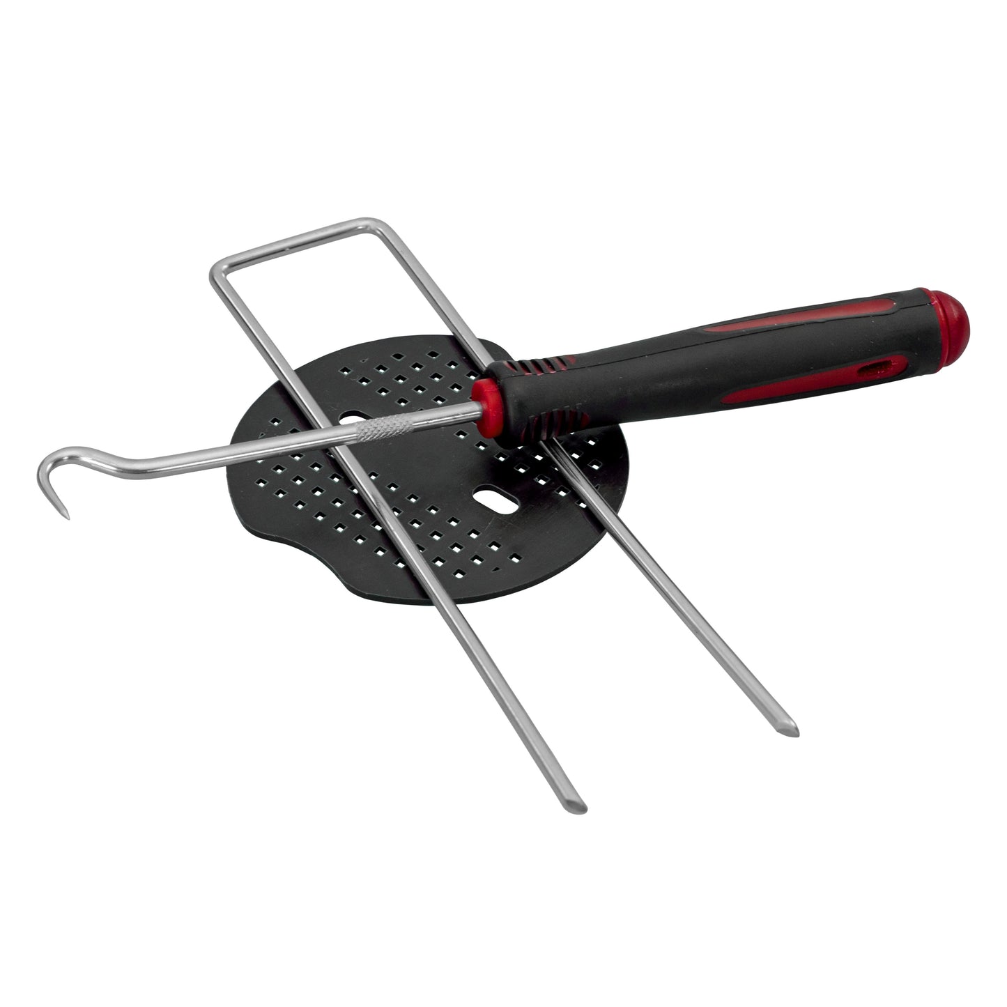 Weed control membrane pegs tool with red handle, black washer plate, and metal stakes