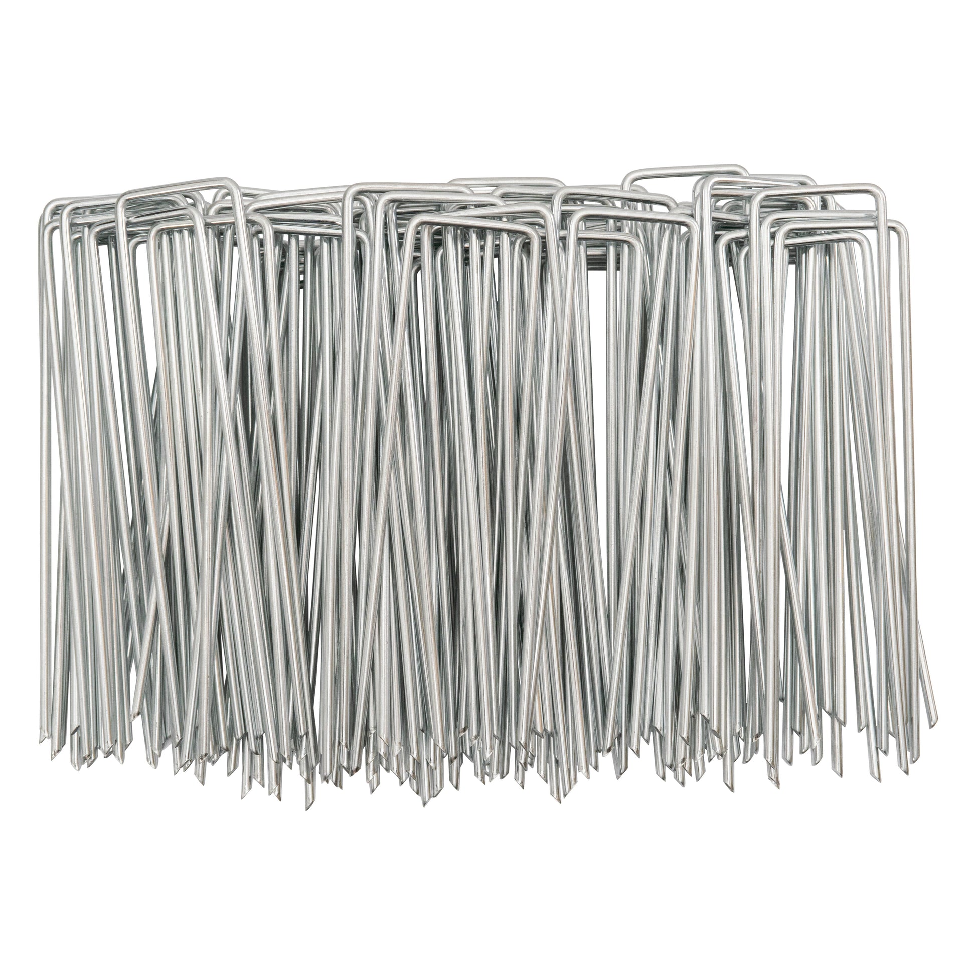 Pack of weed control membrane pegs: many galvanized metal stakes with washer heads