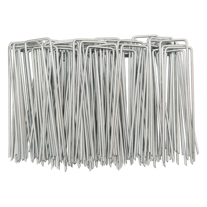 Bulk weed control membrane peg set with U-shaped galvanized stakes