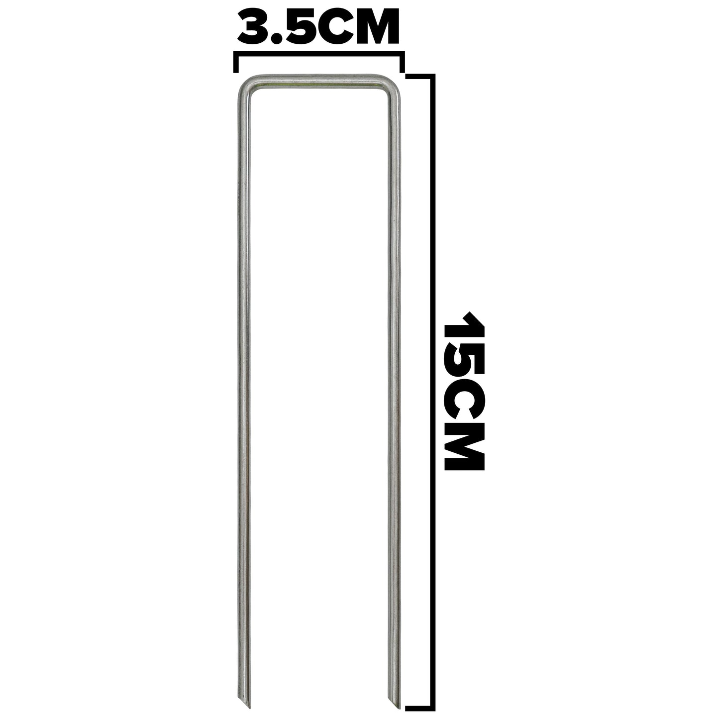 6 in/150 mm peg stake, 15 cm long with 3.5 cm U-frame (dimension graphic)