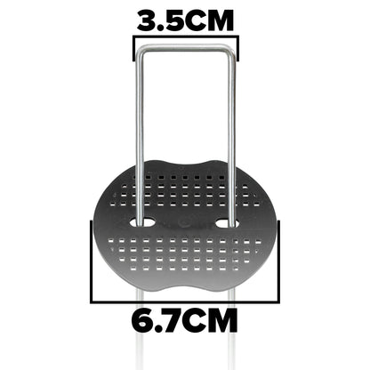 Membrane washer stake with 3.5 cm frame and 6.7 cm perforated washer head