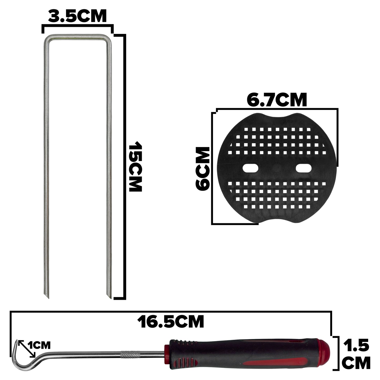 Weed control membrane pegs dimensions diagram: U-stake tool and perforated washer plate