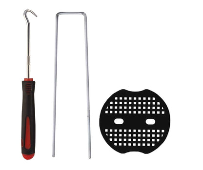 Weed control membrane peg components: red grip tool, wire stakes, and black washer disc