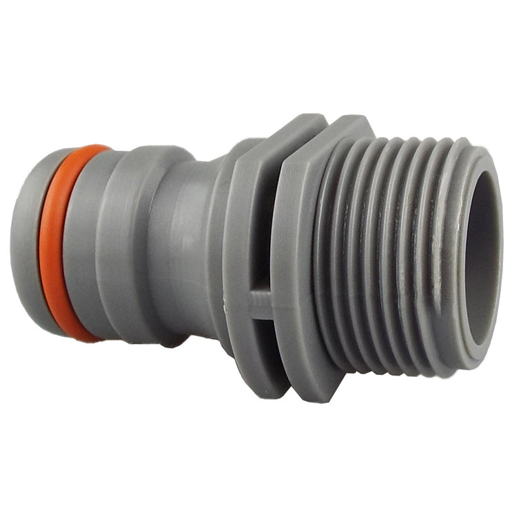 Grey ribbed IBC hose connector with orange seal ring and side thread opening