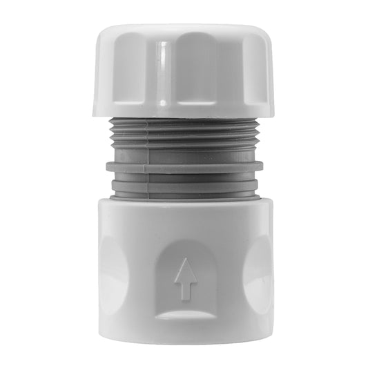 3/4" female hose connector, gray threaded ends and white housing with arrow marking