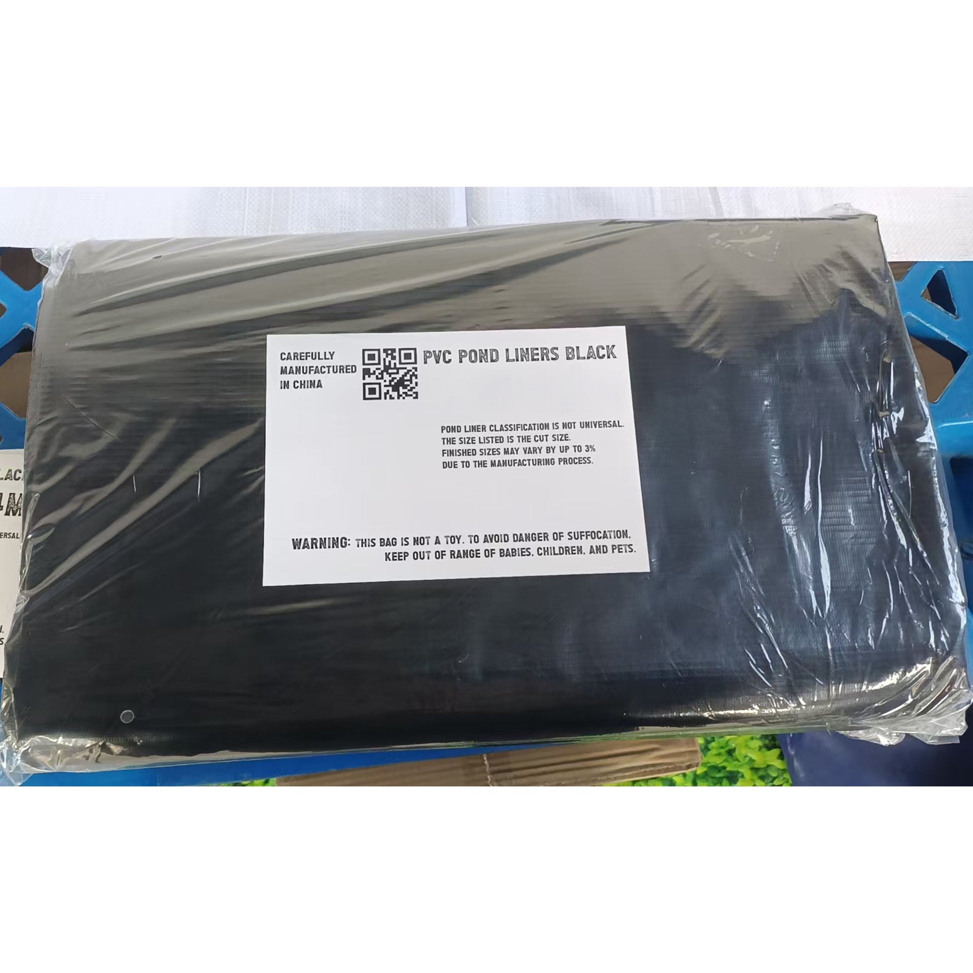 Black PVC pond liner label with QR code and care warning