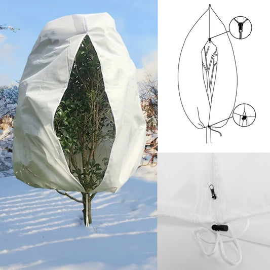 Protective plant cover sack (white) with zipper and drawcord, covering a tree canopy