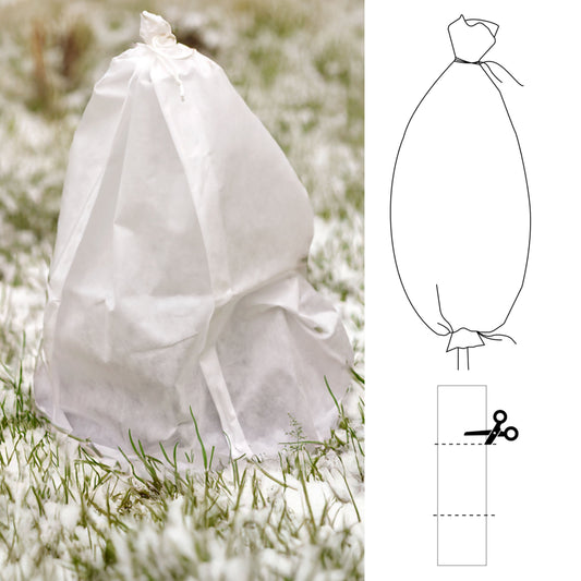 White plant protection cover sleeve with tied drawstring top, 50gsm fabric
