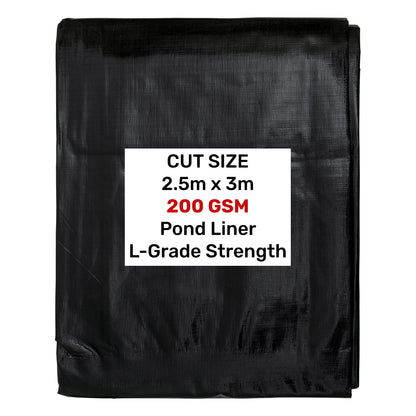 Pond liner L-Grade 2.5m x 3m, 200GSM, black folded sheet with size label
