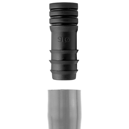 Schwarzes 1/2" Barb-Verbindungsstück, Detail der Widerhaken und Außenmarkierungen