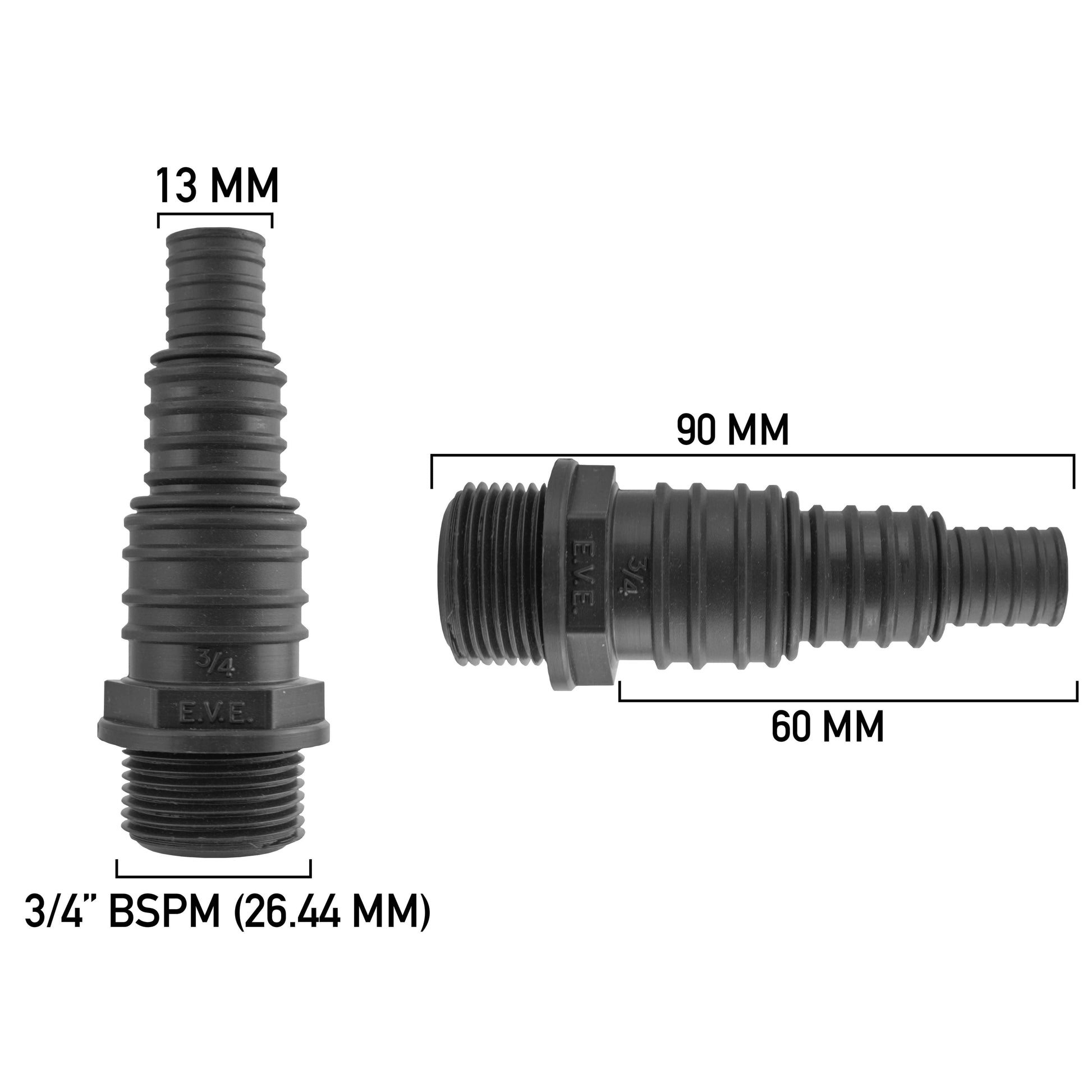 3/4" BSPM pond connector, 90mm length, 60mm tail, 13mm inlet