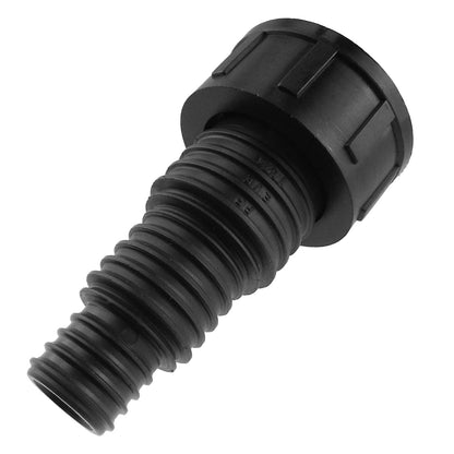 Pond connector 1.25" BSPF black, close-up of ribbed threaded join