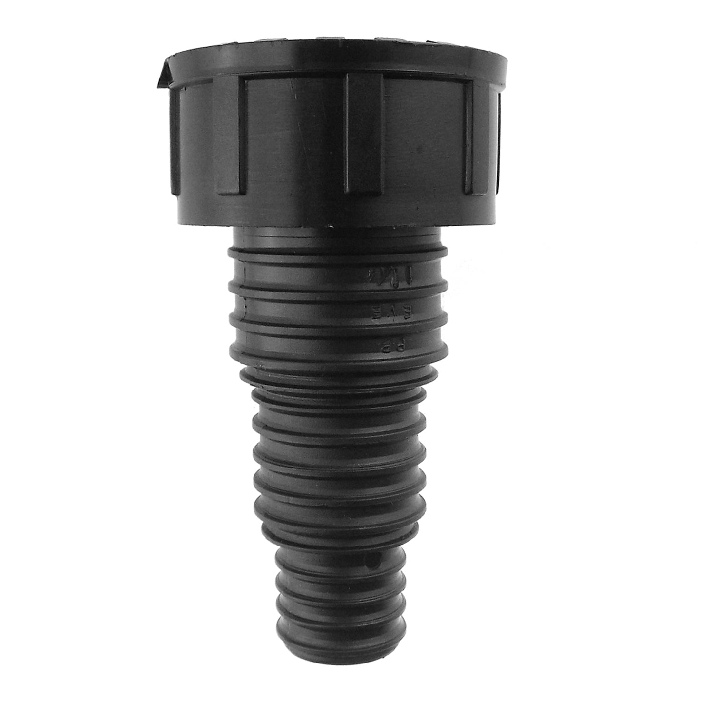 Pond connector 1.25" BSPF black, ribbed threaded plastic with collar