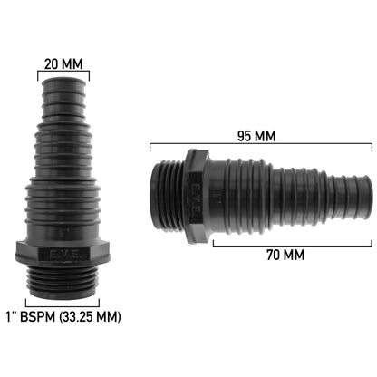 Pond connector 1" BSPM dimensions: 20 mm top, 95 mm length, 70 mm section