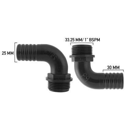 Pond elbow connector with 1" BSPM thread and 25mm hose barb, 30mm inlet