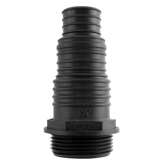 Black 1.25" BSPM pond connector with male thread and hose barb