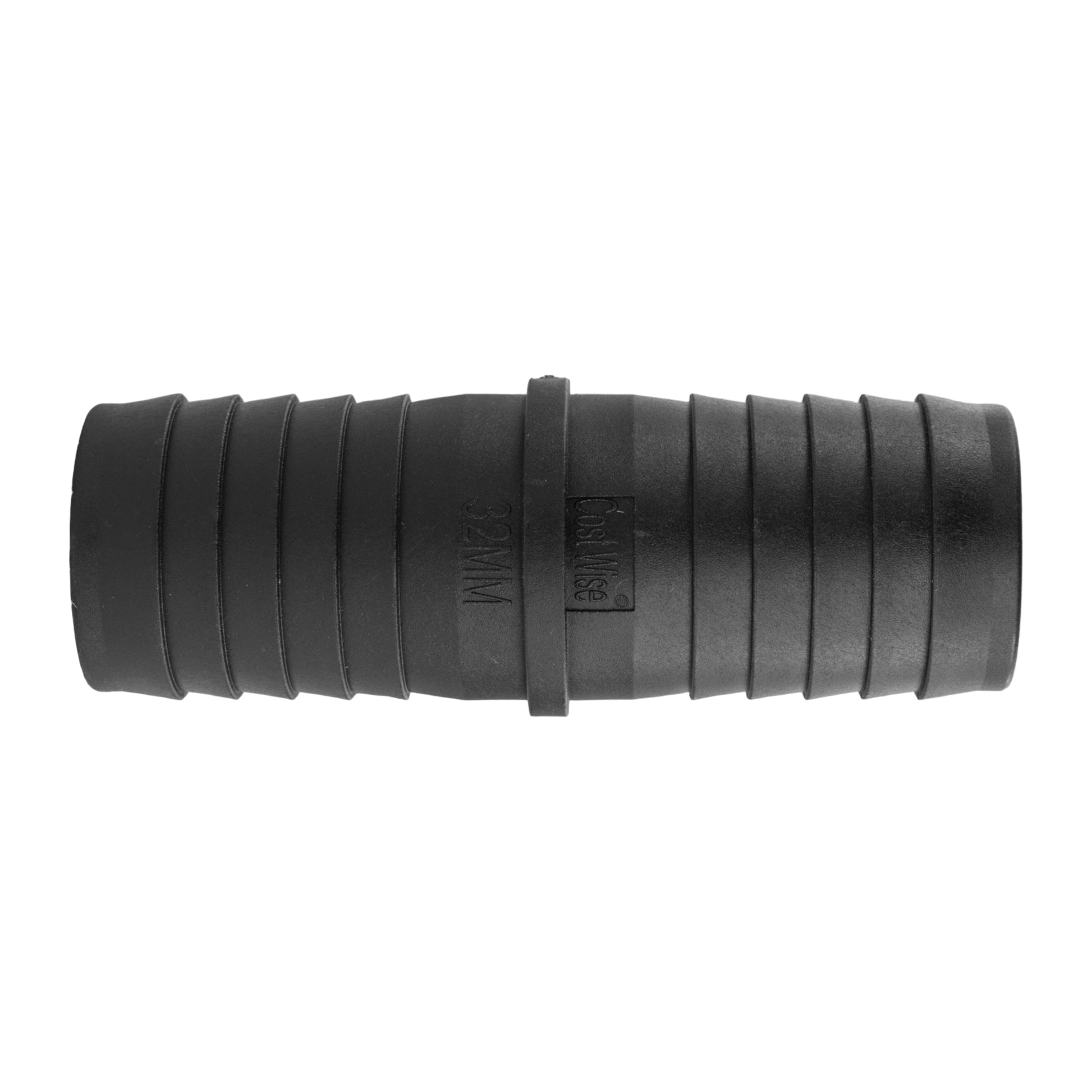 Straight pond connector 32mm in black, ribbed body and central locking band