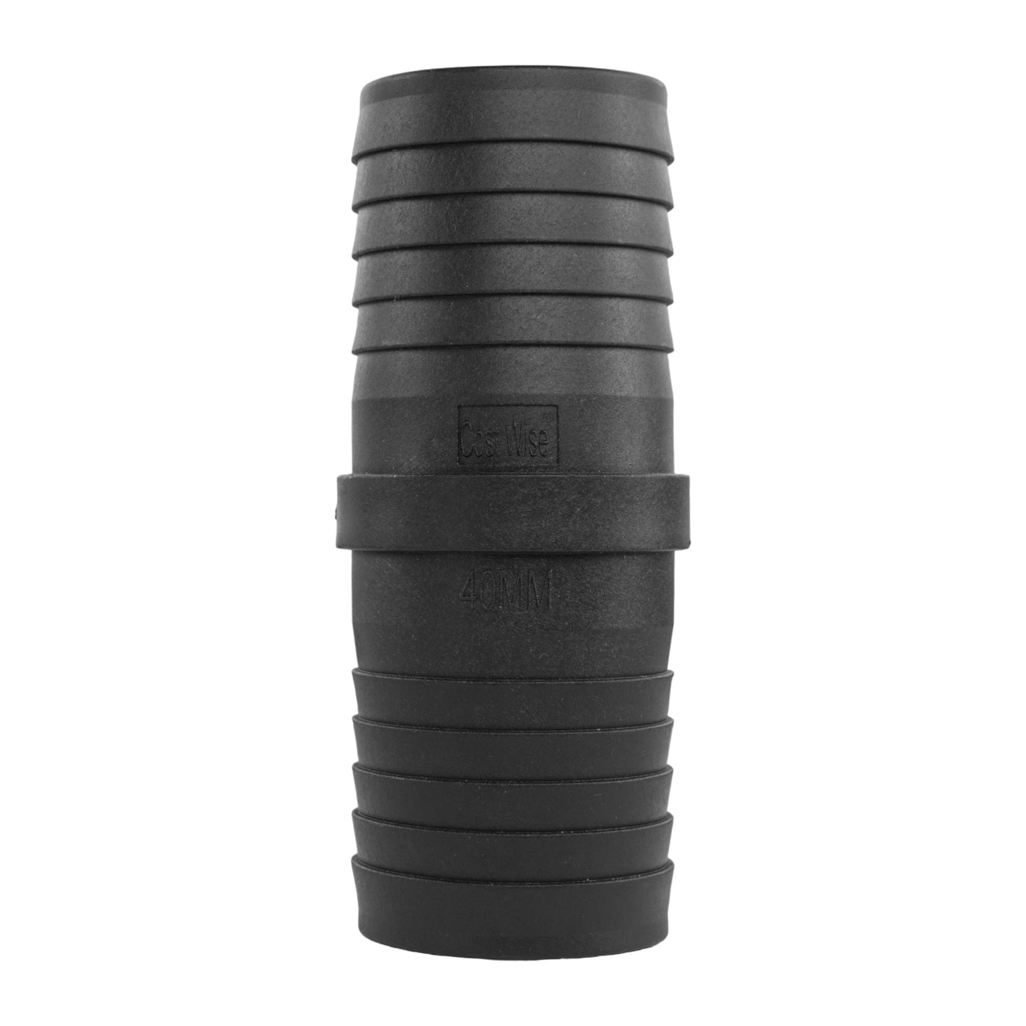 Black 40mm pond straight connector, ridged end with retaining bands