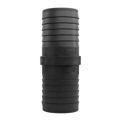 40mm pond straight connector, black plastic coupling with molded markings