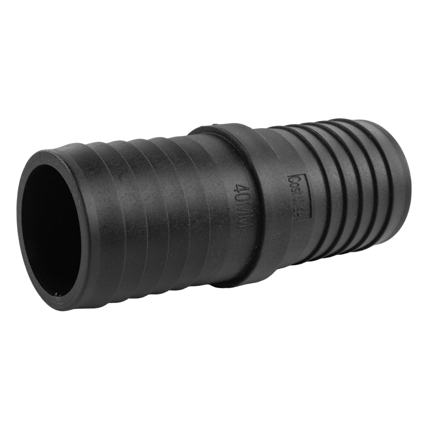 40mm straight pond connector, black ribbed hose coupling with open end