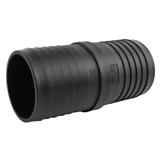 50mm Pond Straight Connector, black plastic coupling with ribbed exterior and open end